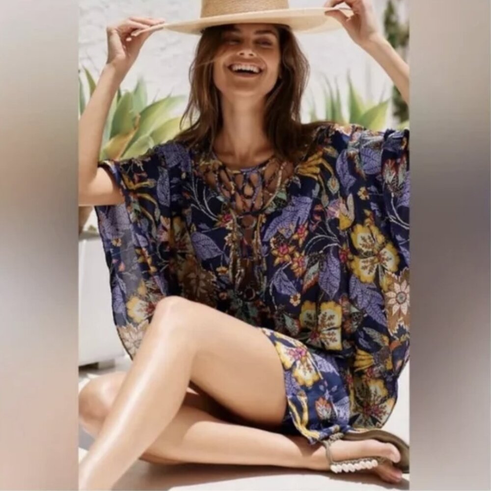 Anthropologie L/XL Swim Cover Up Caftan Tunic Dress Navy Blue Floral